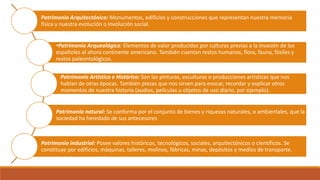 Patrimonio Arquitectónico: Monumentos, edificios y construcciones que representan nuestra memoria
física y nuestra evolución o involución social.
•Patrimonio Arqueológico: Elementos de valor producidos por culturas previas a la invasión de los
españoles al ahora continente americano. También cuentan restos humanos, flora, fauna, fósiles y
restos paleontológicos.
Patrimonio Artístico e Histórico: Son las pinturas, esculturas o producciones artísticas que nos
hablan de otras épocas. También piezas que nos sirven para evocar, recordar y explicar otros
momentos de nuestra historia (audios, películas u objetos de uso diario, por ejemplo).
Patrimonio natural: Se conforma por el conjunto de bienes y riquezas naturales, o ambientales, que la
sociedad ha heredado de sus antecesores
Patrimonio industrial: Posee valores históricos, tecnológicos, sociales, arquitectónicos o científicos. Se
constituye por edificios, máquinas, talleres, molinos, fábricas, minas, depósitos y medios de transporte.
 