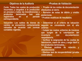 Objetivos de la Auditoría                   •Pruebas de Validación
Corte: Todos los costos de producción     • Prueba de los cortes de documentación
incurridos y cargados a la producción     efectuados al cierre.
en proceso y todas las transferencias a   • Revisión de notas de débito y crédito
productos terminados han sido             posteriores.
registrados      en      el     período   • Pruebas analíticas de resultados.
correspondiente.
Valuación: Los saldos de bienes de        • Determinar si el criterio de valuación
cambio se encuentran correctamente        seguido es consistente con el año
valuados de acuerdo con normas            anterior.
contables vigentes.                       • Cotejar los costos unitarios de insumos
                                          que surgen de la valorización del
                                          inventario        con      documentación
                                          respaldatoria.
                                          • Verificar la asignación de los costos de
                                          fabricación, mano de obra y carga fabril a
                                          los productos terminados.
                                          • Efectuar análisis de rotación y
                                          obsolescencia.
                                          • Efectuar test de recuperabilidad (prueba
                                          costo-plaza)
 