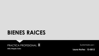 BIENES RAICES
PRACTICA PROFESIONAL II
ARQ. Magaly Caba
Sustentado por :
Laura Nuñez 13-0012
 