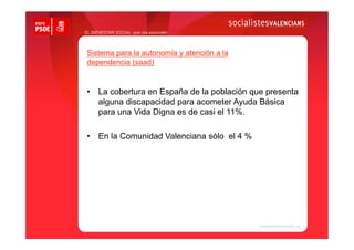 EL BIENESTAR SOCIAL que nos esconden




 Sistema para la autonomía y atención a la
 dependencia (saad)


 •  La cobertura en España de la población que presenta
    alguna discapacidad para acometer Ayuda Básica
    para una Vida Digna es de casi el 11%.

 •  En la Comunidad Valenciana sólo el 4 %
 