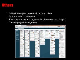 Others
• Slideshare – post presentations, pdfs online
• Skype – video conference
• Evernote – notes and organization; business card snaps
• Trello – project management
• Messaging – WhatsApp or GroupMe
 