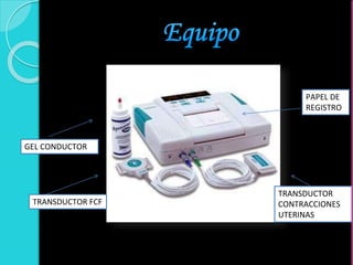 GEL CONDUCTOR
PAPEL DE
REGISTRO
TRANSDUCTOR
CONTRACCIONES
UTERINAS
TRANSDUCTOR FCF
 