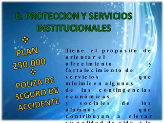 Tiene el propósito de orientar el ofrecimiento y fortalecimiento de servicios que minimicen algunas de las contingencias económicas y sociales de los alumnos que contribuyan a elevar su calidad de vida, y la culminación exitosa de su proceso formativo. 