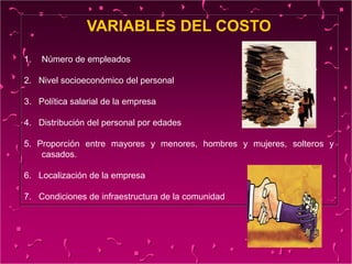 VARIABLES DEL COSTO
1. Número de empleados
2. Nivel socioeconómico del personal
3. Política salarial de la empresa
4. Distribución del personal por edades
5. Proporción entre mayores y menores, hombres y mujeres, solteros y
casados.
6. Localización de la empresa
7. Condiciones de infraestructura de la comunidad
 