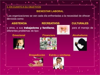 3. EN CUANTO A SU OBJETIVOS
BIENESTAR LABORAL
Las organizaciones se ven cada día enfrentadas a la necesidad de ofrecer
servicios como:
ASISTENCIA RECREATIVOS CULTURALES
y otros, a sus trabajadores y familiares, para el manejo de
diferentes problemas de tipo:
Emocional Financiero Alcoholismo
Drogadicción Estrés y similares.
 