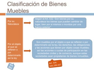 Clasificación de Bienes 
Muebles 
Por su 
Naturaleza 
Por el objeto 
al que se 
refieren o 
por 
determinarlo 
así la ley 
Según el Art. 532 ‘‘Son bienes por su 
naturaleza los bienes que pueden cambiar de 
lugar, bien por si mismos o movidos por una 
fuerza exterior’’ 
Son muebles por el objeto a que se refieren o por 
determinarlo así la ley, los derechos, las obligaciones 
y las acciones que tienen por objeto cosas muebles; 
así las acciones o cuotas de participación en las 
sociedades civiles y de comercio, aunque estas 
sociedades sean propietarias de bienes inmuebles. 
 