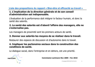 Liste des propositions du rapport « Bien-être et efficacité au travail »
 1. L’implication de la direction générale et de son conseil
 d’administration est indispensable.
 L’évaluation de la performance doit intégrer le facteur humain, et donc la
 santé des salariés.
 2. La santé des salariés est d’abord l’affaire des managers, elle ne
 s’externalise pas.
 Les managers de proximité sont les premiers acteurs de santé.
 3. Donner aux salariés les moyens de se réaliser dans le travail.
 Restaurer des espaces de discussion et d’autonomie dans le travail.
 4. Impliquer les partenaires sociaux dans la construction des
 conditions de santé.
 Le dialogue social, dans l’entreprise et en dehors, est une priorité.


PARTICEPS                          Commission Lachmann Nov 2009 – Fev 2010
                                                        © Copyright PARTICEPS 2010-2012   2
 