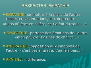 RESPECTER: EMPATHIERESPECTER: EMPATHIE
 EMPATHIE:EMPATHIE: se mettre à la place de l'autre,se mettre à la place de l'autre,
respecter ses émotions, le comprendre.respecter ses émotions, le comprendre.
«tu as dû être en colère, ça t’a fait du souci… »«tu as dû être en colère, ça t’a fait du souci… »
 SYMPATHIE:SYMPATHIE: partage des émotions de l’autre.partage des émotions de l’autre.
«mon pauvre, t’as pas de chance.. »«mon pauvre, t’as pas de chance.. »
 ANTIPATHIE:ANTIPATHIE: opposition aux émotions deopposition aux émotions de
l’autre. «c’est pas si grave, t’en fais pas… ».l’autre. «c’est pas si grave, t’en fais pas… ».
 APATHIE:APATHIE: indifférence.indifférence.
 