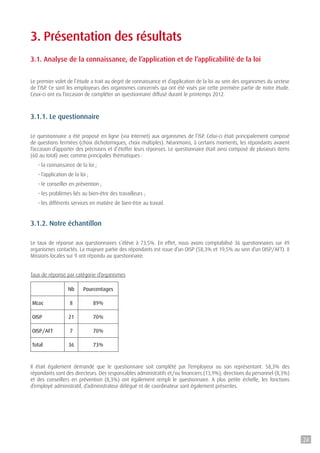 3. Présentation des résultats
3.1. Analyse de la connaissance, de l’application et de l’applicabilité de la loi
Le premier volet de l’étude a trait au degré de connaissance et d’application de la loi au sein des organismes du secteur
de l’ISP. Ce sont les employeurs des organismes concernés qui ont été visés par cette première partie de notre étude.
Ceux-ci ont eu l’occasion de compléter un questionnaire diffusé durant le printemps 2012.
3.1.1. Le questionnaire
Le questionnaire a été proposé en ligne (via Internet) aux organismes de l’ISP. Celui-ci était principalement composé
de questions fermées (choix dichotomiques, choix multiples). Néanmoins, à certains moments, les répondants avaient
l’occasion d’apporter des précisions et d’étoffer leurs réponses. Le questionnaire était ainsi composé de plusieurs items
(60 au total) avec comme principales thématiques :
- la connaissance de la loi ;
- l’application de la loi ;
- le conseiller en prévention ;
- les problèmes liés au bien-être des travailleurs ;
- les différents services en matière de bien-être au travail.
3.1.2. Notre échantillon
Le taux de réponse aux questionnaires s’élève à 73,5%. En effet, nous avons comptabilisé 36 questionnaires sur 49
organismes contactés. La majeure partie des répondants est issue d’un OISP (58,3% et 19,5% au sein d’un OISP/AFT). 8
Missions locales sur 9 ont répondu au questionnaire.
Taux de réponse par catégorie d’organismes
Nb Pourcentages
MLoc 8 89%
OISP 21 70%
OISP/AFT 7 70%
Total 36 73%
Il était également demandé que le questionnaire soit complété par l’employeur ou son représentant. 58,3% des
répondants sont des directeurs. Des responsables administratifs et/ou financiers (13,9%), directions du personnel (8,3%)
et des conseillers en prévention (8,3%) ont également rempli le questionnaire. A plus petite échelle, les fonctions
d’employé administratif, d’administrateur délégué et de coordinateur sont également présentes.
24
 