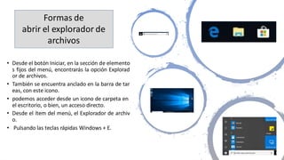 • Desde el botón Iniciar, en la sección de elemento
s fijos del menú, encontrarás la opción Explorad
or de archivos.
• También se encuentra anclado en la barra de tar
eas, con este icono.
• podemos acceder desde un icono de carpeta en
el escritorio, o bien, un acceso directo.
• Desde el ítem del menú, el Explorador de archiv
o.
• Pulsando las teclas rápidas Windows + E.
Formas de
abrir el explorador de
archivos
 
