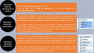 Seleccionar
todos los
elementos de la
carpeta
- Con el teclado mediante el atajoCtrl + E.
- Con el ratón en la Cinta de opciones, en la sección Seleccionar, la
opción Seleccionar todo.
- Con las teclas rápidas: Haz clic sobre el primer elemento y después pulsa la
tecla Mayúsculas (Shift) y pulsa en el último elemento. Así seleccionaremos un
rango, desde el que hemos señalado al principiohasta el que señalemos al final.
- Con el ratón, sitúate en la zona vacía de la ventana y arrastra diagonalmente el
ratón. Verás que se dibuja un cuadro azul, los archivos que cubras con este cuadro
serán los que se seleccionen. Sigue arrastrando hasta abarcar todos los elementos
a seleccionar y después suelta el botón del ratón.
Seleccionar
elementos
consecutivos.
Seleccionar
elementos
alternativos.
- Con el teclado, mantén pulsada la tecla Ctrl y ve haciendo clic sobre los
elementos que quieres seleccionar. Mediante esta tecla especial le indicamos al
ordenador que lo que queremos hacer es seguir seleccionando. Para deseleccionar
un elemento seleccionando,pulsamos de nuevo sobre él, sin soltar la tecla Ctrl.
- Con el ratón también se puede hacer, pero no por defecto. Deberemos activar
una opción para ver pequeñas casillas junto a cada archivo y carpeta y podremos ir
marcando/desmarcando las casillas para seleccionar.
 