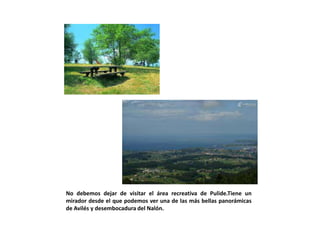 No debemos dejar de visitar el área recreativa de Pulide.Tiene un
mirador desde el que podemos ver una de las más bellas panorámicas
de Avilés y desembocadura del Nalón.
 