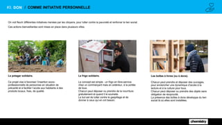 #3. DON / COMME INITIATIVE PERSONNELLE
On voit fleurir différentes initiatives menées par les citoyens, pour lutter contre la pauvreté et renforcer le lien social.
Ces actions bienveillantes sont mises en place dans plusieurs villes.
Le potager solidaire.
Ce projet vise à favoriser l’insertion socio-
professionnelle de personnes en situation de
précarité et à faciliter l’accès aux habitants à des
produits locaux, frais, de qualité.
Le frigo solidaire.
Le concept est simple : un frigo en libre-service
chez un commerçant mais en extérieur, à la portée
de tous.
Chacun peut déposer ou prendre de la nourriture
gratuitement et quand il le souhaite.
Le but est de lutter contre le gaspillage et de
donner à ceux qui en ont besoin.
Les boîtes à livres (ou à dons).
Chacun peut prendre et déposer des ouvrages,
pour enclencher une dynamique d’accès à la
lecture et à la culture pour tous.
Chacun peut déposer ou prendre des objets sans
obligation de réciprocité.
La présence des boîtes à dons développe du lien
social là où elles sont installées.
 