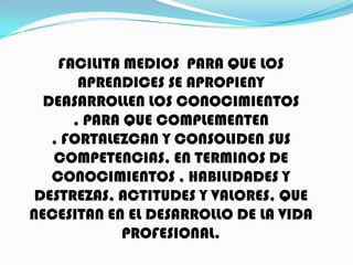 FACILITA MEDIOS PARA QUE LOS
       APRENDICES SE APROPIENY
  DEASARROLLEN LOS CONOCIMIENTOS
      , PARA QUE COMPLEMENTEN
   , FORTALEZCAN Y CONSOLIDEN SUS
   COMPETENCIAS, EN TERMINOS DE
   CONOCIMIENTOS , HABILIDADES Y
 DESTREZAS, ACTITUDES Y VALORES, QUE
NECESITAN EN EL DESARROLLO DE LA VIDA
            PROFESIONAL.
 
