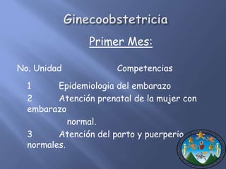 Primer Mes: 
No. Unidad Competencias 
1 Epidemiologia del embarazo 
2 Atención prenatal de la mujer con 
embarazo 
normal. 
3 Atención del parto y puerperio 
normales. 
 
