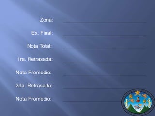 Zona: 
Ex. Final: 
Nota Total: 
1ra. Retrasada: 
Nota Promedio: 
2da. Retrasada: 
Nota Promedio: 
 