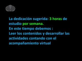 La dedicación sugerida: 3 horas de
estudio por semana.
En este tiempo debemos :
Leer los contenidos y desarrollar las
actividades contando con el
acompañamiento virtual
 