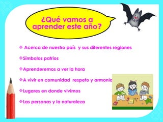 ¿Qué vamos a
     aprender este año?

 Acerca de nuestro país y sus diferentes regiones

Símbolos patrios

Aprenderemos a ver la hora

A vivir en comunidad respeto y armonía

Lugares en donde vivimos

Las personas y la naturaleza
 