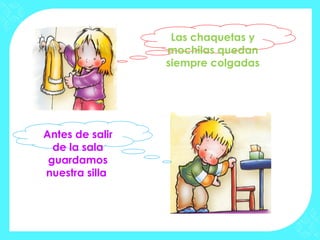 Las chaquetas y
                 mochilas quedan
                 siempre colgadas




Antes de salir
  de la sala
 guardamos
nuestra silla
 