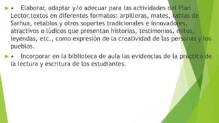  • Elaborar, adaptar y/o adecuar para las actividades del Plan
Lector,textos en diferentes formatos: arpilleras, mates, tablas de
Sarhua, retablos y otros soportes tradicionales e innovadores,
atractivos o lúdicos que presentan historias, testimonios, mitos,
leyendas, etc., como expresión de la creatividad de las personas y los
pueblos.
 • Incorporar en la biblioteca de aula las evidencias de la práctica de
la lectura y escritura de los estudiantes.
 