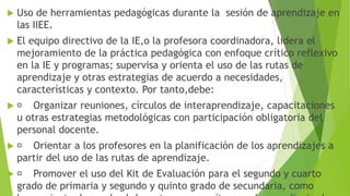  Uso de herramientas pedagógicas durante la sesión de aprendizaje en
las IIEE.
 El equipo directivo de la IE,o la profesora coordinadora, lidera el
mejoramiento de la práctica pedagógica con enfoque crítico reflexivo
en la IE y programas; supervisa y orienta el uso de las rutas de
aprendizaje y otras estrategias de acuerdo a necesidades,
características y contexto. Por tanto,debe:
 Organizar reuniones, círculos de interaprendizaje, capacitaciones
u otras estrategias metodológicas con participación obligatoria del
personal docente.
 Orientar a los profesores en la planificación de los aprendizajes a
partir del uso de las rutas de aprendizaje.
 Promover el uso del Kit de Evaluación para el segundo y cuarto
grado de primaria y segundo y quinto grado de secundaria, como
 