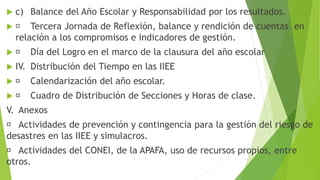  c) Balance del Año Escolar y Responsabilidad por los resultados.
 Tercera Jornada de Reflexión, balance y rendición de cuentas en
relación a los compromisos e indicadores de gestión.
 Día del Logro en el marco de la clausura del año escolar
 IV. Distribución del Tiempo en las IIEE
 Calendarización del año escolar.
 Cuadro de Distribución de Secciones y Horas de clase.
V. Anexos
Actividades de prevención y contingencia para la gestión del riesgo de
desastres en las IIEE y simulacros.
Actividades del CONEI, de la APAFA, uso de recursos propios, entre
otros.
 