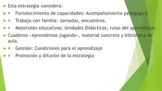  Esta estrategia considera:
 Fortalecimiento de capacidades: Acompañamiento pedagógico
 Trabajo con familia: Jornadas, encuentros.
 Materiales educativos: Unidades Didácticas, rutas del aprendizaje,
 Cuaderno «Aprendemos jugando», material concreto y biblioteca de
aula.
 Gestión: Condiciones para el aprendizaje
 Promoción y difusión de la estrategia
 