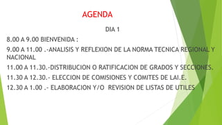 AGENDA
DIA 1
8.00 A 9.00 BIENVENIDA :
9.00 A 11.00 .-ANALISIS Y REFLEXION DE LA NORMA TECNICA REGIONAL Y
NACIONAL
11.00 A 11.30.-DISTRIBUCION O RATIFICACION DE GRADOS Y SECCIONES.
11.30 A 12.30.- ELECCION DE COMISIONES Y COMITES DE LAI.E.
12.30 A 1.00 .- ELABORACION Y/O REVISION DE LISTAS DE UTILES
 