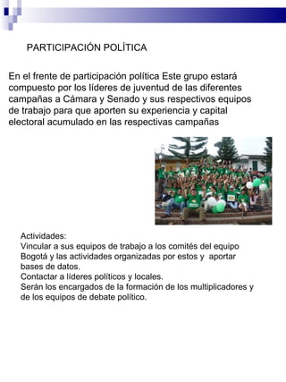En el frente de participación política Este grupo estará compuesto por los líderes de juventud de las diferentes campañas a Cámara y Senado y sus respectivos equipos de trabajo para que aporten su experiencia y capital electoral acumulado en las respectivas campañas PARTICIPACIÓN POLÍTICA  Actividades: Vincular a sus equipos de trabajo a los comités del equipo Bogotá y las actividades organizadas por estos y  aportar bases de datos. Contactar a líderes políticos y locales. Serán los encargados de la formación de los multiplicadores y de los equipos de debate político. 
