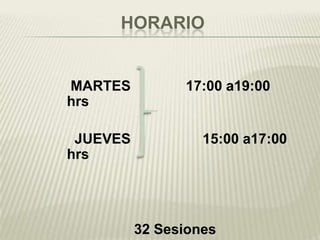 HORARIO


MARTES          17:00 a19:00
hrs

 JUEVES            15:00 a17:00
hrs




          32 Sesiones
 