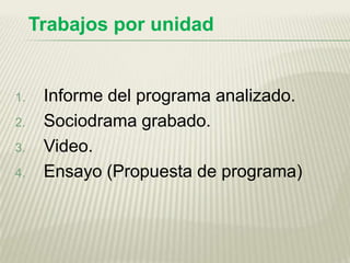 Trabajos por unidad


1.    Informe del programa analizado.
2.    Sociodrama grabado.
3.    Video.
4.    Ensayo (Propuesta de programa)
 