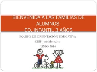 BIENVENIDA A LAS FAMILIAS DE 
ALUMNOS 
ED. INFANTIL 3 AÑOS 
EQUIPO DE ORIENTACIÓN EDUCATIVA 
CEIP José Montalvo 
JUNIO 2014 
 