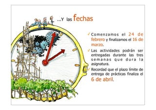 ...Y las

fechas
✓ Comenzamos el 24 de
febrero y finalizamos el 16 de
marzo.
✓ Las actividades podrán ser
entregadas durante las tres
semanas que dura la
asignatura.
✓ Recordad que el plazo límite de
entrega de prácticas finaliza el

6 de abril.

 