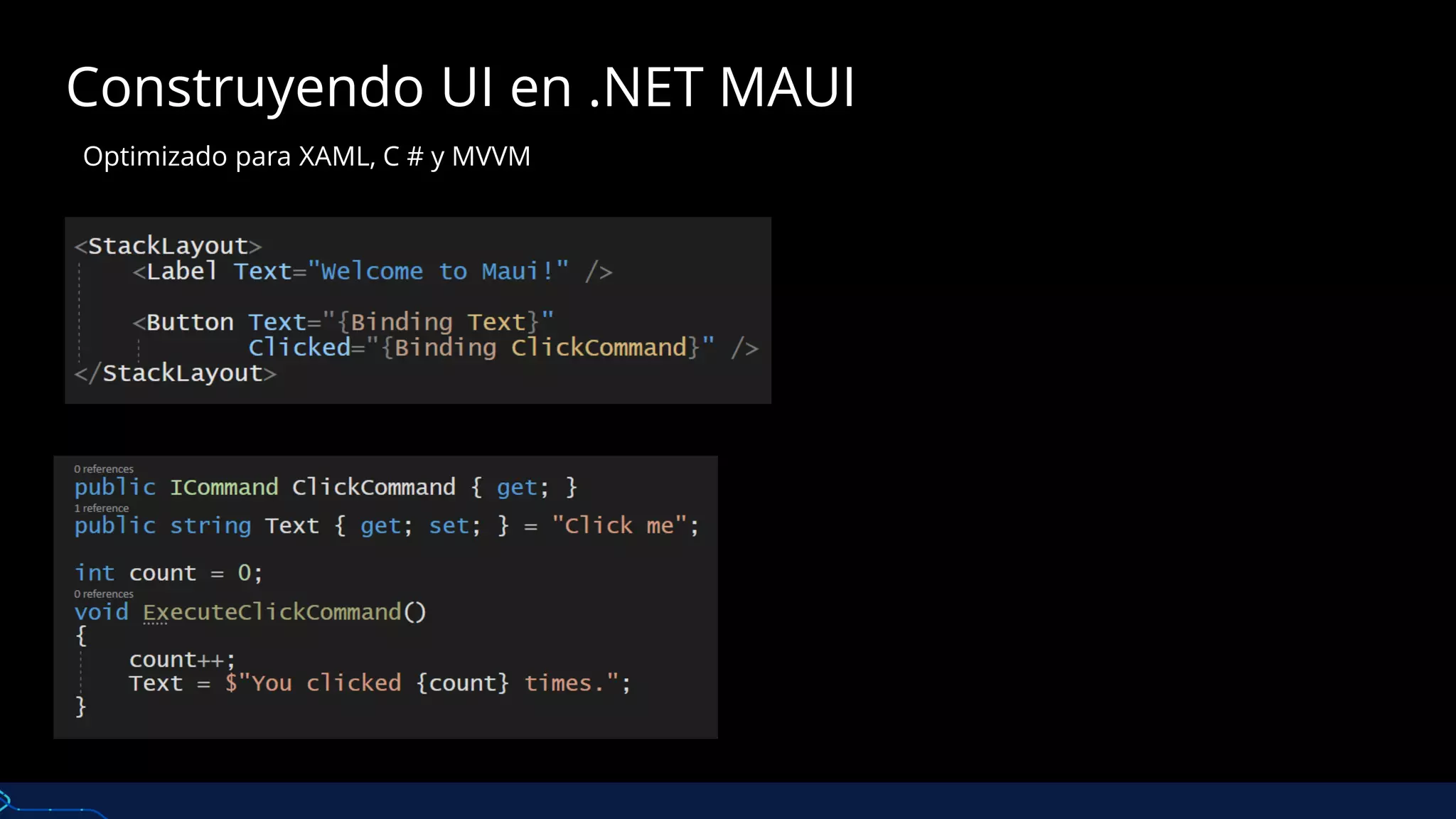 Construyendo UI en .NET MAUI
Optimizado para XAML, C # y MVVM
 