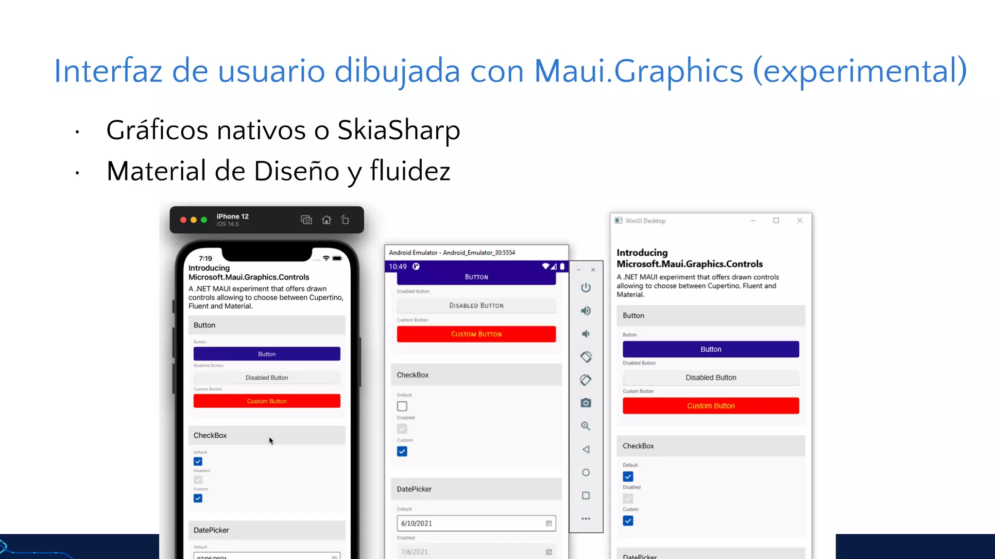 Interfaz de usuario dibujada con Maui.Graphics (experimental)
· Gráficos nativos o SkiaSharp
· Material de Diseño y fluidez
 