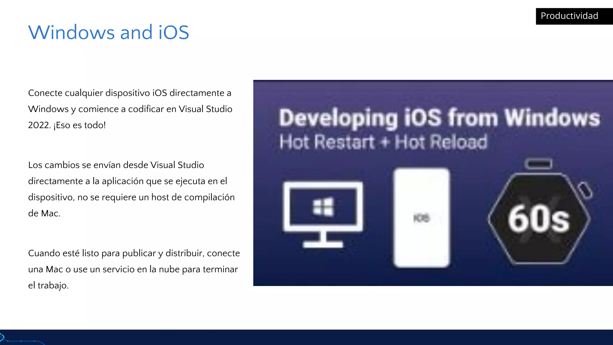 Windows and iOS
Conecte cualquier dispositivo iOS directamente a
Windows y comience a codificar en Visual Studio
2022. ¡Eso es todo!
Los cambios se envían desde Visual Studio
directamente a la aplicación que se ejecuta en el
dispositivo, no se requiere un host de compilación
de Mac.
Cuando esté listo para publicar y distribuir, conecte
una Mac o use un servicio en la nube para terminar
el trabajo.
Productividad
 