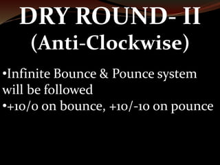 DRY ROUND- II 
(Anti-Clockwise) 
•Infinite Bounce & Pounce system 
will be followed 
•+10/0 on bounce, +10/-10 on pounce 
 