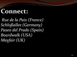 208 
Connect: 
Rue de la Paix (France) 
Schloßallee (Germany) 
Paseo del Prado (Spain) 
Boardwalk (USA) 
Mayfair (UK) 
 