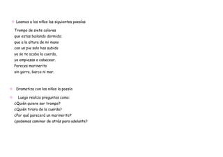 Leemos a los niños las siguientes poesías

    Trompo de siete colores
    que estas bailando dormido;
    que a la altura de mi mano
    con un pie solo has subido
    ya se te acaba la cuerda,
    ya empiezas a cabecear.
    Pareces marinerito
    sin gorro, barco ni mar.



 Dramatiza con los niños la poesía

     Luego realiza preguntas como:
    ¿Quién quiere ser trompo?
    ¿Quién tirara de la cuerda?
    ¿Por qué parecerá un marinerito?
    ¿podemos caminar de atrás para adelante?
 