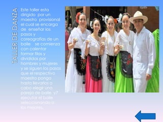 Este taller esta
dirigido por un
maestro provisional
el cual se encarga
de enseñar los
pasos y
coreografías de un
baile se comienza
con calentar
formar filas y
divididas por
hombres y mujeres
y se siguen los pasos
que el respectivo
maestro ponga
hasta llevarlos a
cabo elegir una
pareja de baile y7
ejecutar el baile
seleccionando a
los mejores.
 