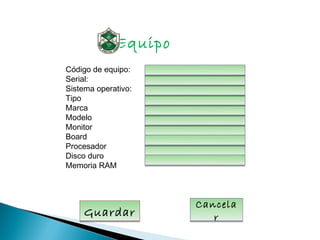 Equipo
Código de equipo:
Serial:
Sistema operativo:
Tipo
Marca
Modelo
Monitor
Board
Procesador
Disco duro
Memoria RAM



                      Cancela
     Guardar             r
 