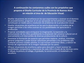 A continuación les contaremos cuáles son los propósitos que
propone el Diseño Curricular de la Provincia de Buenos Aires
en relación al área de de Educación Visual.
• Diseñar situaciones de enseñanza en las que experimentar y avanzar en el dominio
de procedimientos, progresar en el uso apropiado de herramientas y materiales ,
constituyan un medio para a resolución de problemas de la producción visual.
• Diseñar situaciones de enseñanza en las que la observación y el análisis de la
imagen permitan a los niños avanzar en sus posibilidades de apreciación y
producción.
• Propiciar actividades para enriquecer la imaginación, la expresión y la
comunicación de los niños posibilitando la ampliación del universo cultural con el
acercamiento y el intercambio de diversas producciones de la cultura.
• Favorecer la formación de espacios que permitan explorar, analizar, investigar,
generar preguntas y poder buscar soluciones personales a los problemas que
cualquier proceso creador plantea, lo cual incluye confrontar ideas, y valorar las
formas de organización de la imagen realizada por los pares.
• Ofrecer situaciones de enseñanza aptas para descubrir y hacer avanzar las
posibilidades compositivas y expresivas de cada niño a través de las técnicas como
el dibujo, la pintura, el collage, el grabado, la construcción, el modelado y la
escultura.
 