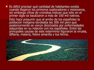 Es difícil precisar qué cantidad de habitantes existía cuando llegaron los primeros exploradores y misioneros, sin embargo cifras de cronistas indican que sólo en el primer siglo se bautizaron a más de 100 mil nativos.  Esto hace presumir que al arribo de los españoles la población indígena bordeaba las 300 mil pero que posteriormente se vieron diezmados por enfermedades adquiridas en su relación con los españoles. Entre las principales causas de este exterminio figuraron la viruela, difteria, malaria, fiebre amarilla y tos ferina. 