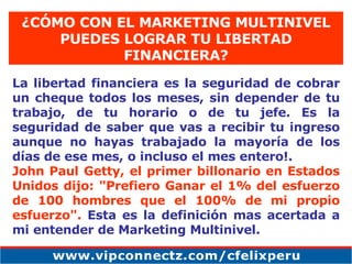 ¿CÓMO CON EL MARKETING MULTINIVEL PUEDES LOGRAR TU LIBERTAD FINANCIERA? La libertad financiera es la seguridad de cobrar un cheque todos los meses, sin depender de tu trabajo, de tu horario o de tu jefe. Es la seguridad de saber que vas a recibir tu ingreso aunque no hayas trabajado la mayoría de los días de ese mes, o incluso el mes entero!. John Paul Getty, el primer billonario en Estados Unidos dijo: "Prefiero Ganar el 1% del esfuerzo de 100 hombres que el 100% de mi propio esfuerzo".  Esta es la definición mas acertada a mi entender de Marketing Multinivel. 