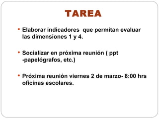TAREA Elaborar indicadores  que permitan evaluar las dimensiones 1 y 4. Socializar en próxima reunión ( ppt -papelógrafos, etc.) Próxima reunión viernes 2 de marzo- 8:00 hrs oficinas escolares. 