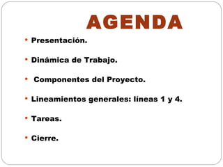 AGENDA Presentación. Dinámica de Trabajo.  Componentes del Proyecto. Lineamientos generales: líneas 1 y 4. Tareas. Cierre. 