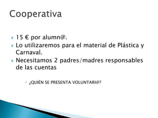 




15 € por alumn@.
Lo utilizaremos para el material de Plástica y
Carnaval.
Necesitamos 2 padres/madres responsables
de las cuentas
 ¿QUIÉN SE PRESENTA VOLUNTARI@?

 