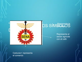 • El escudo y Bandera: Representa la 
¿CUÁLES SON LOS SÍMBOLOS 
industria 
DEL SENA? 
Caduceo= representa 
el comercio 
Representa el 
sector agricola 
con el café 
 