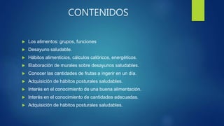 CONTENIDOS
 Los alimentos: grupos, funciones
 Desayuno saludable.
 Hábitos alimenticios, cálculos calóricos, energéticos.
 Elaboración de murales sobre desayunos saludables.
 Conocer las cantidades de frutas a ingerir en un día.
 Adquisición de hábitos posturales saludables.
 Interés en el conocimiento de una buena alimentación.
 Interés en el conocimiento de cantidades adecuadas.
 Adquisición de hábitos posturales saludables.
 