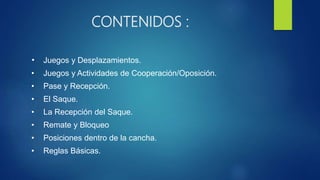 CONTENIDOS :
• Juegos y Desplazamientos.
• Juegos y Actividades de Cooperación/Oposición.
• Pase y Recepción.
• El Saque.
• La Recepción del Saque.
• Remate y Bloqueo
• Posiciones dentro de la cancha.
• Reglas Básicas.
 